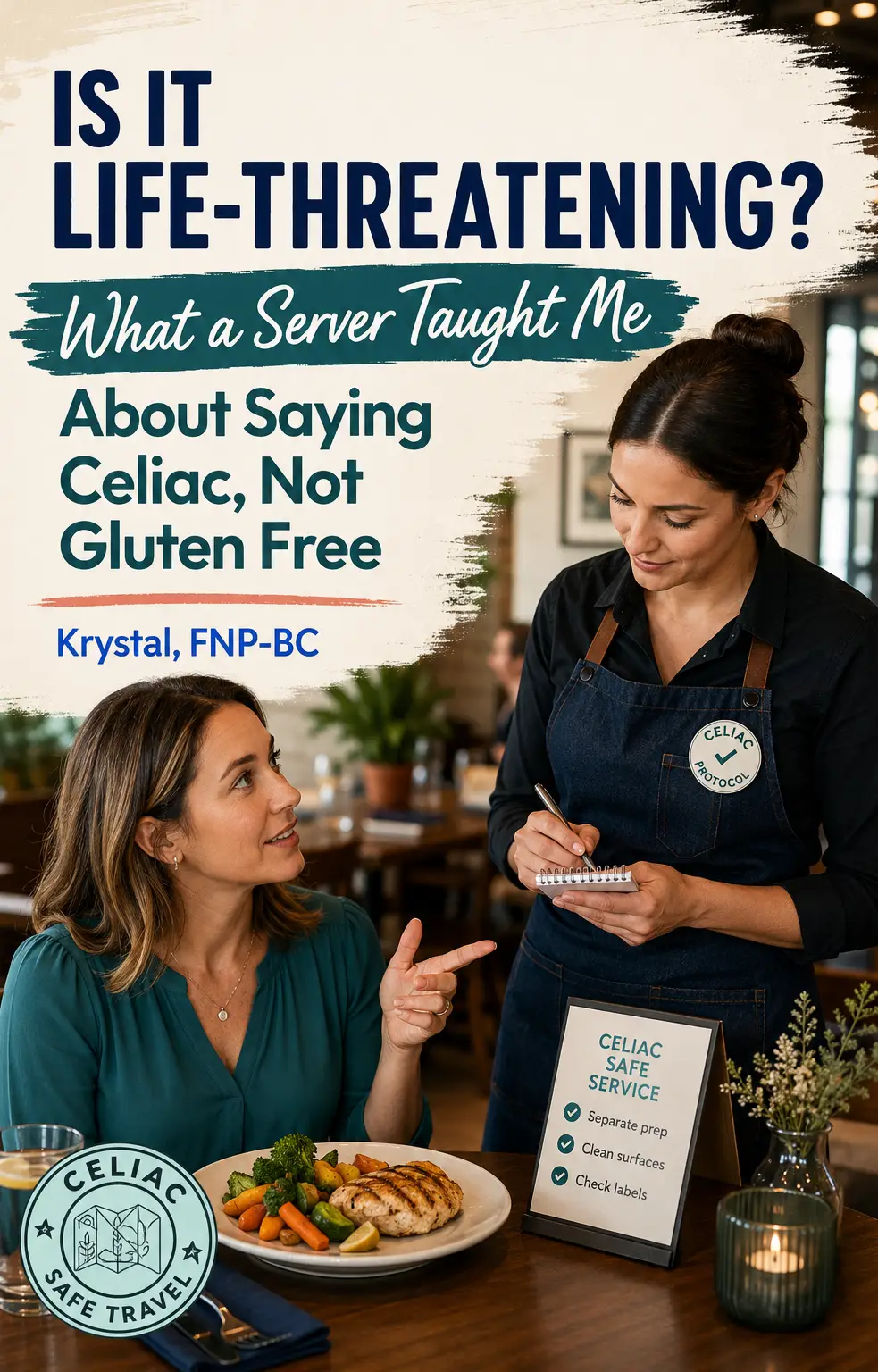 Restaurant server writing on a notepad while a woman at a table explains she has celiac disease, with a Celiac Safe Service card listing separate prep, clean surfaces, and check labels — cover image for what a server taught me about saying celiac, not gluten free