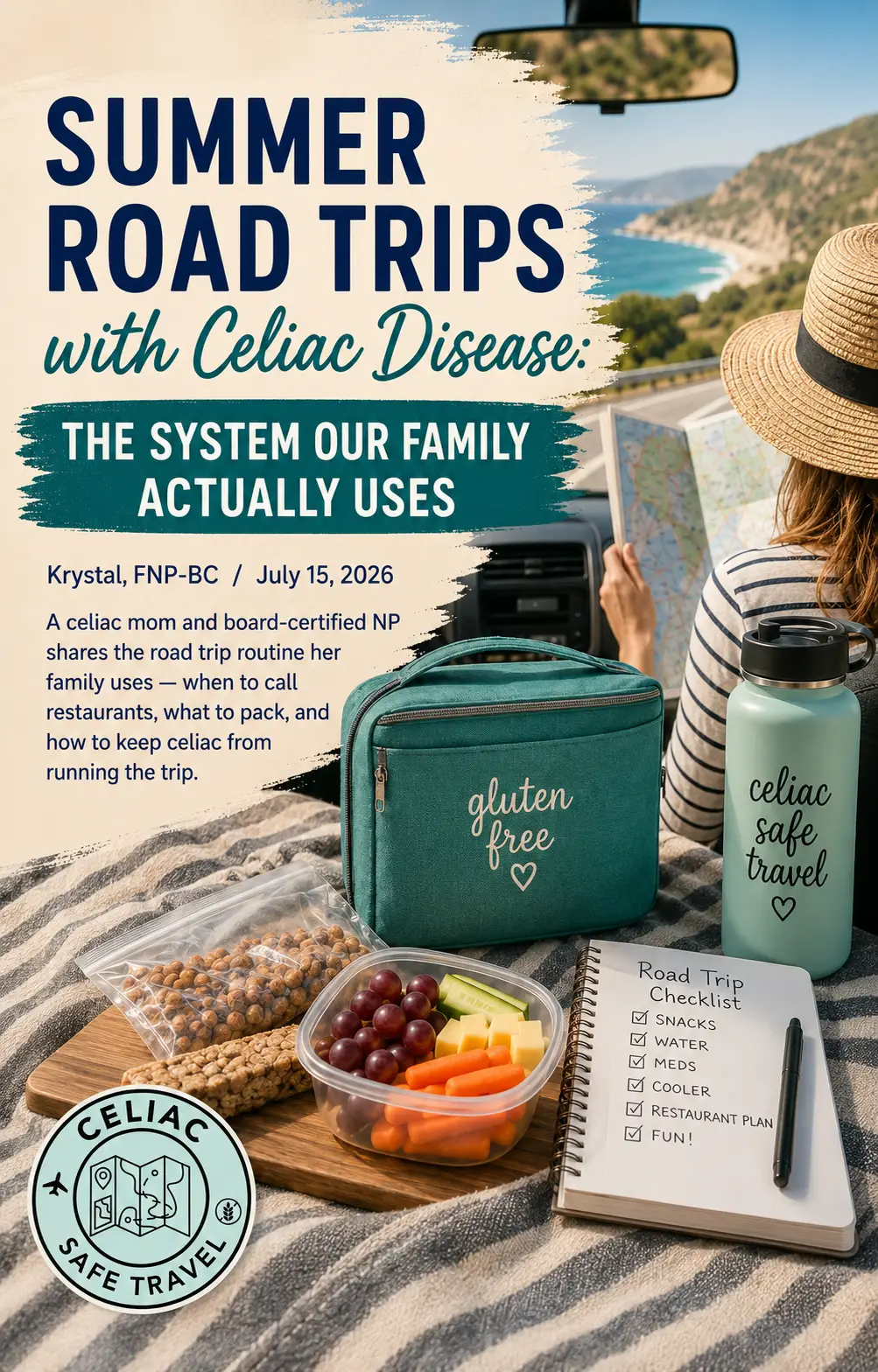 Summer Road Trips with Celiac Disease: The System Our Family Actually Uses — gluten-free cooler bag, water bottle, snacks, and a road trip checklist
